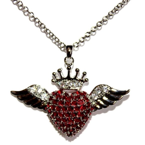 BFA Ruby Red Cz Cubic Zirconia Love Heart Glam Angel Wing Angelic Crown Necklace - Picture 1 of 3